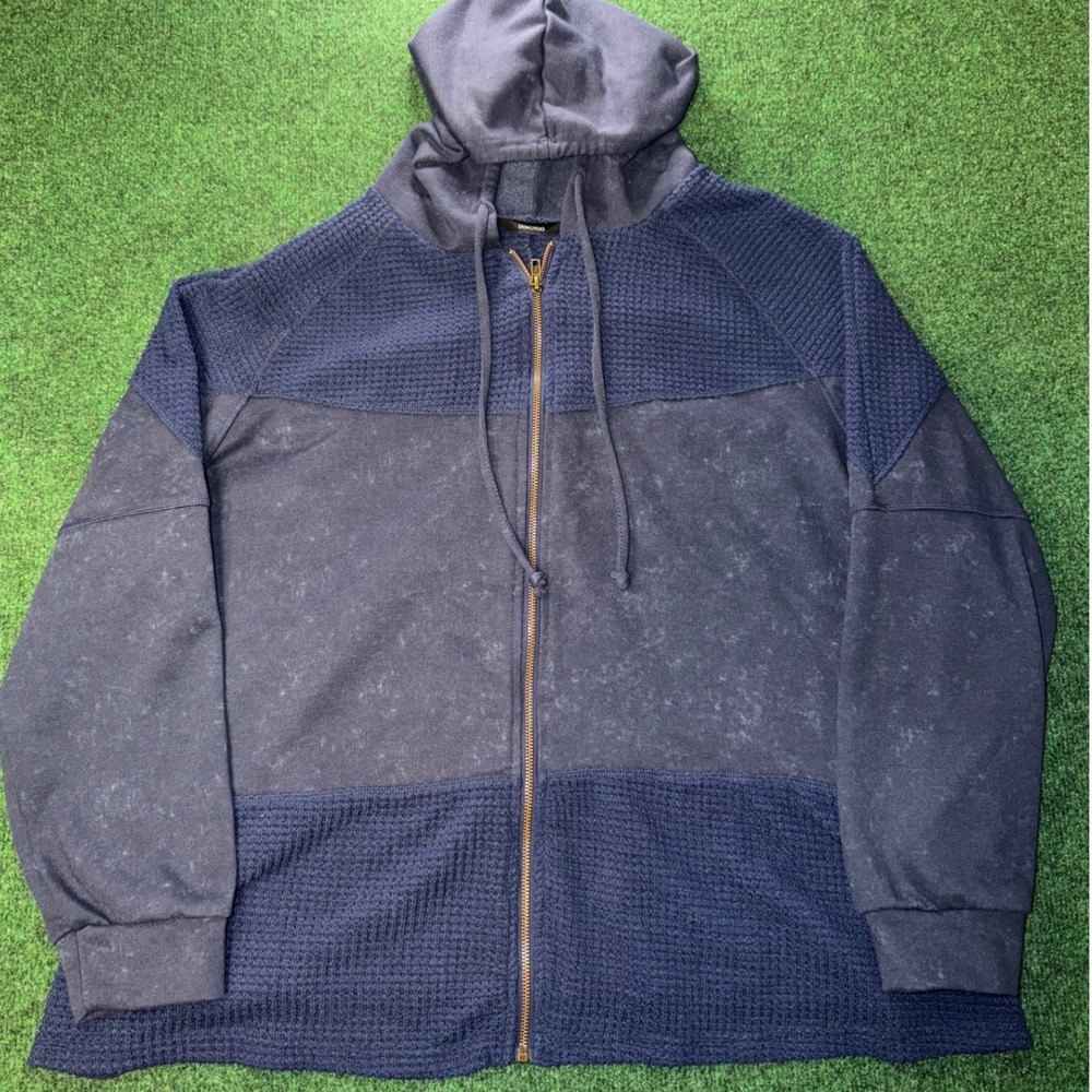 Dokotoo Mens XL Navy Blue Waffle Knit Acid Wash Full Zip Hoodie Sweatshirt